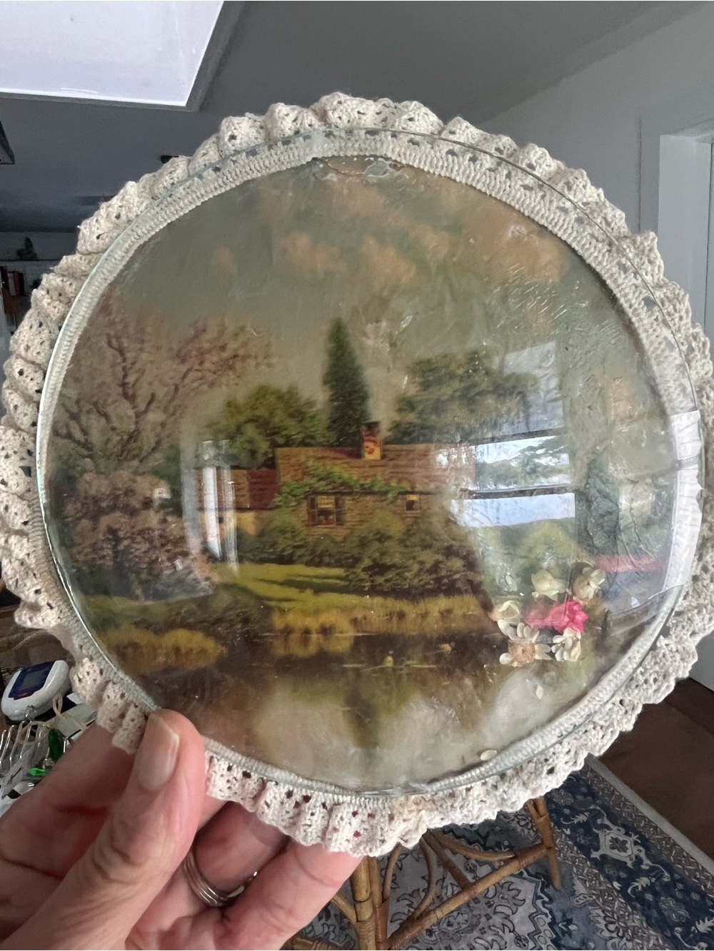 Vintage Round Convex Framed Cottage Landscape scene with a few dry flowers. - Picture 2 of 5